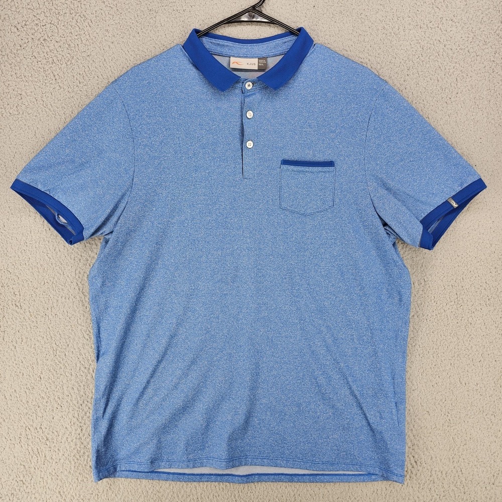 KJUS Strike Primflex Polo Shirt Mens Large Blue Short Sleeve Golf Performance